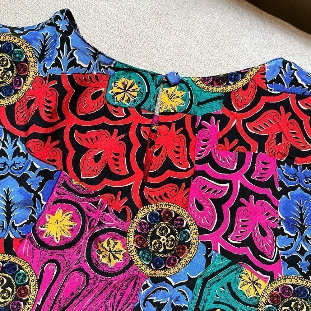 Vintage 80s 100% Silk Bright Colorful Print Sleeve, SZ L - Picture 5 of 12